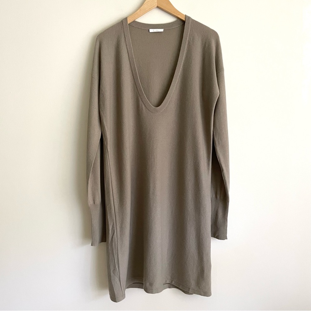 Chloé Cashmere V-Neck Longsleeve Midi Knit Sweater Dress Taupe Beige Neutral